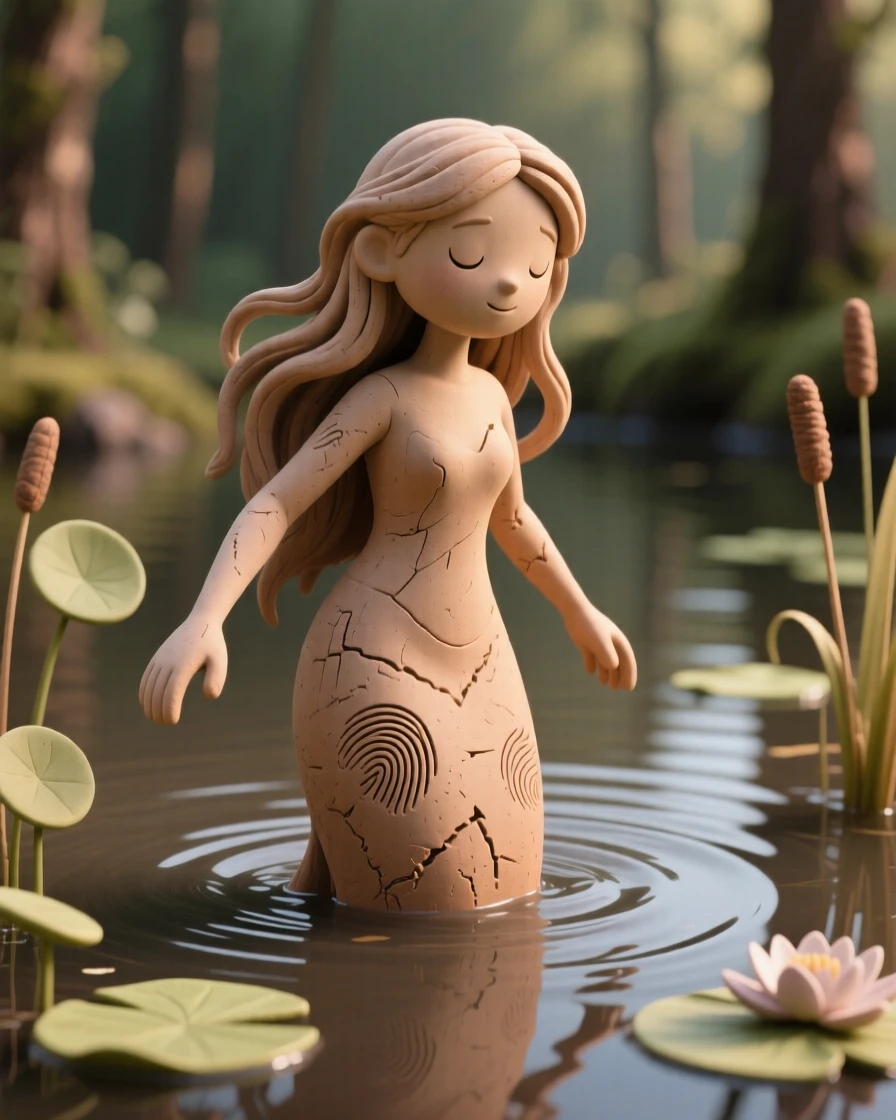 A rusalka rising gracefully from a still forest lake