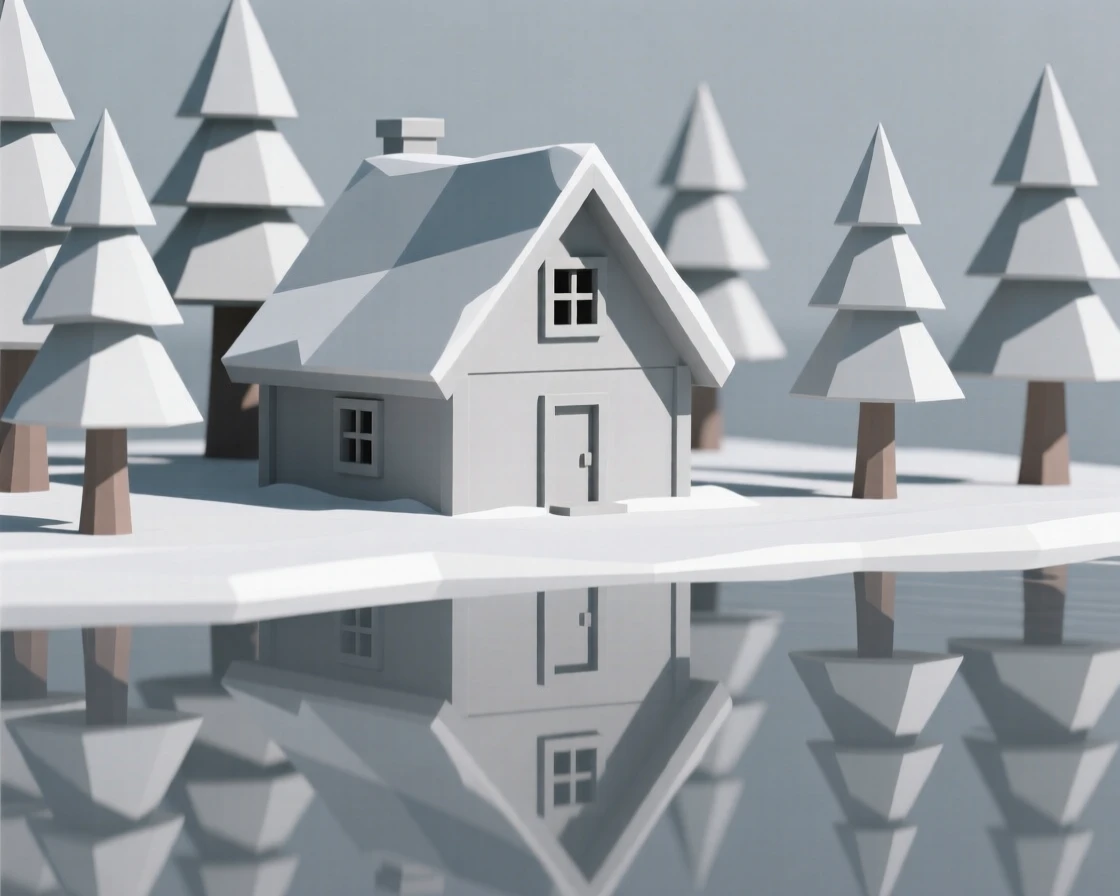 A snow-covered chalet nestled among pine trees, reflected perfectly in calm water. vibrant color accents contrast against neutral stone. The place feels steeped in history.