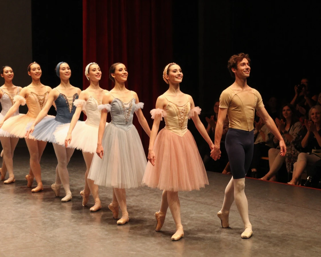 A ballet company takes a final bow together as the curtain begins to fall.