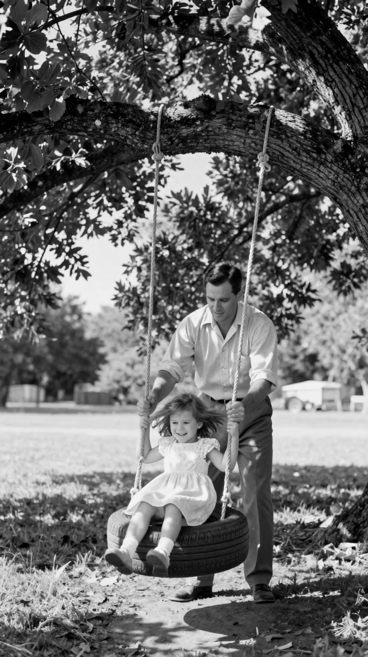 A father pushes his daughter on a tire swing beneath a large shade tree.