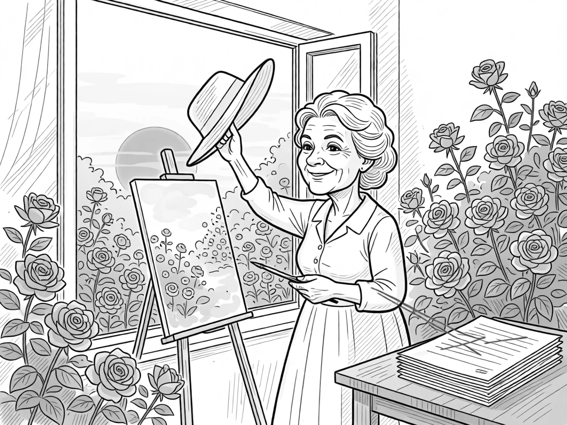 An elderly woman painting watercolors by a window, tipping a hat toward the setting sun, set in a garden bursting with prize roses. Red pen marks trail across a stack of essays. It feels like a living memory, cherished and ongoing.