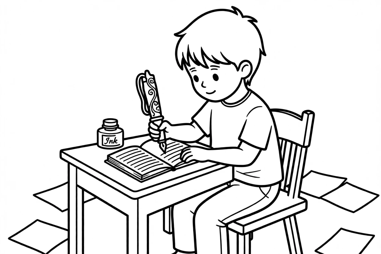 A child learning calligraphy with a fancy pen