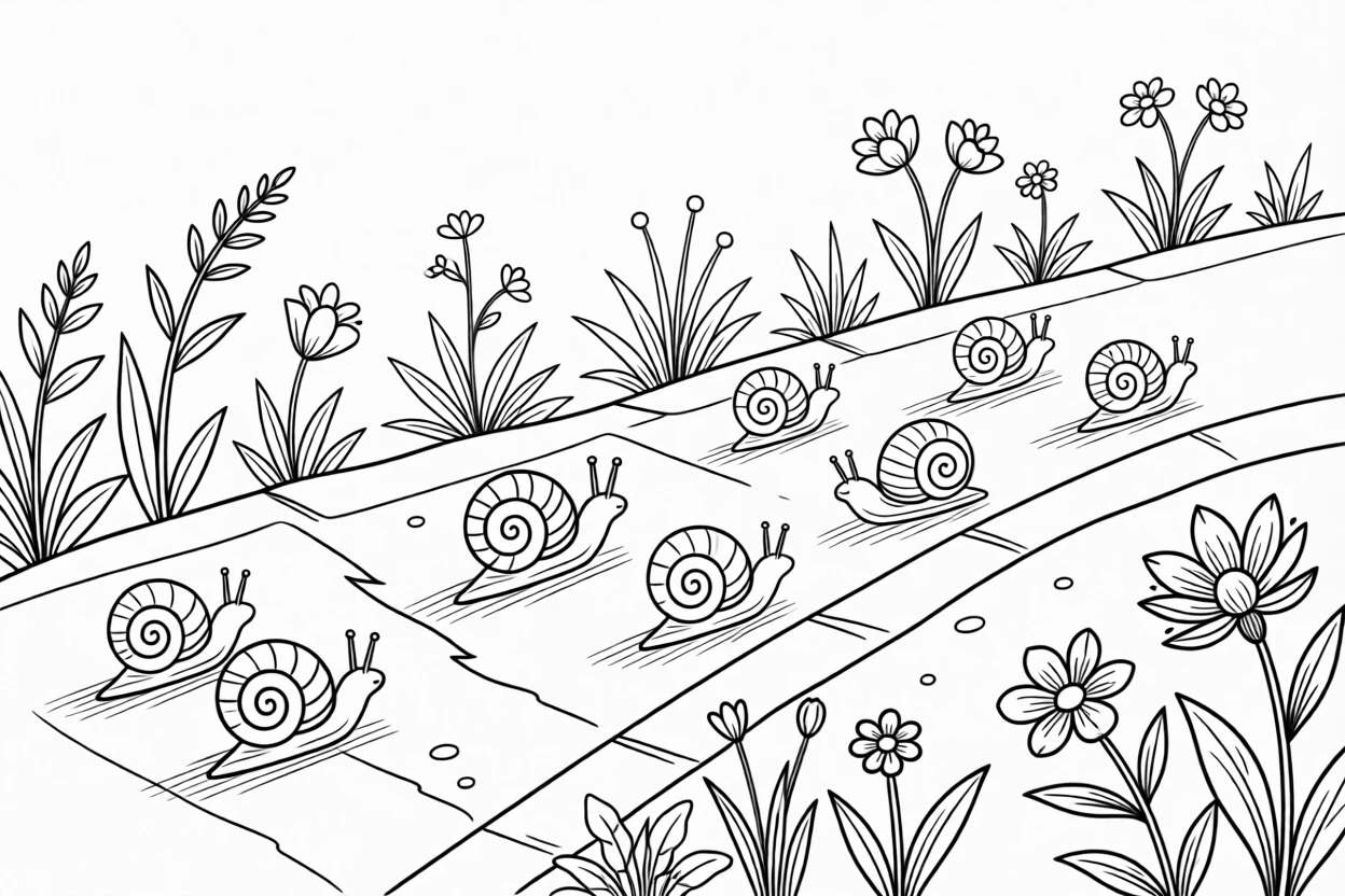 A tiny snail race across a garden path