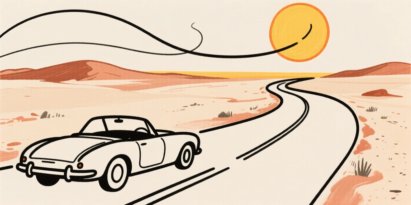 A desert road trip under a blazing sun