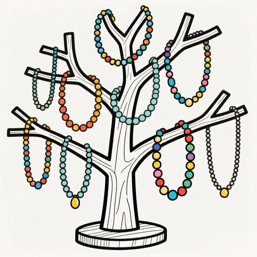 A collection of beaded necklaces displayed on a wooden jewelry tree.