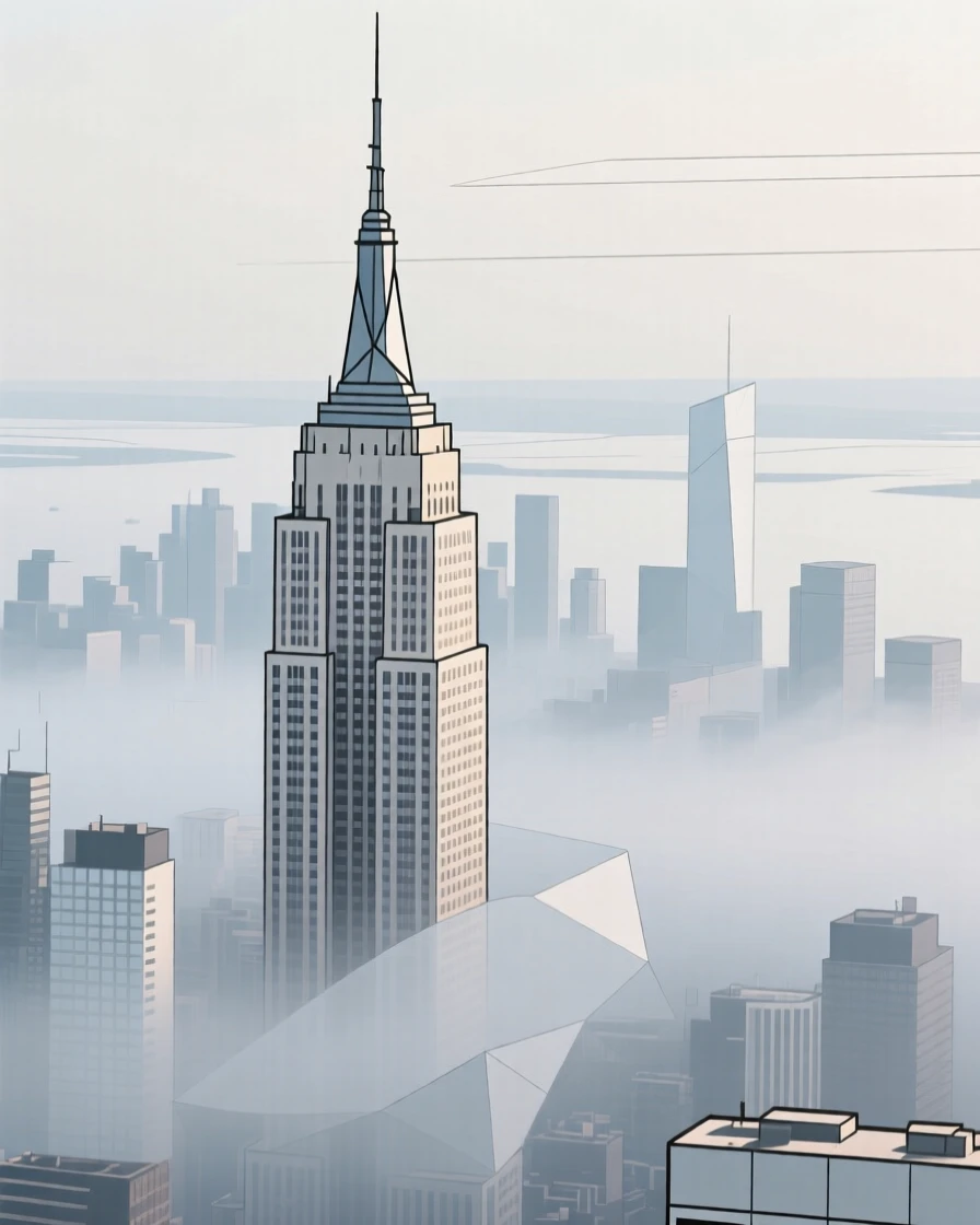 The Empire State Building rising through city fog