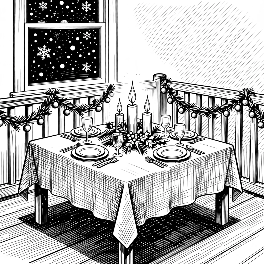 A candlelit table set for a winter celebration while gentle snowflakes drift past a window, with garlands draped along a wooden railing, capturing a quietly joyful seasonal moment.