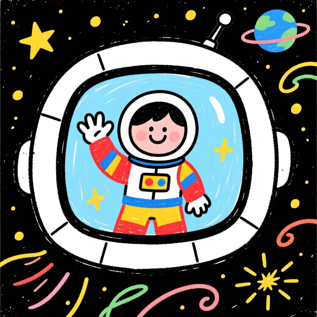 An astronaut waving from inside a spaceship window.