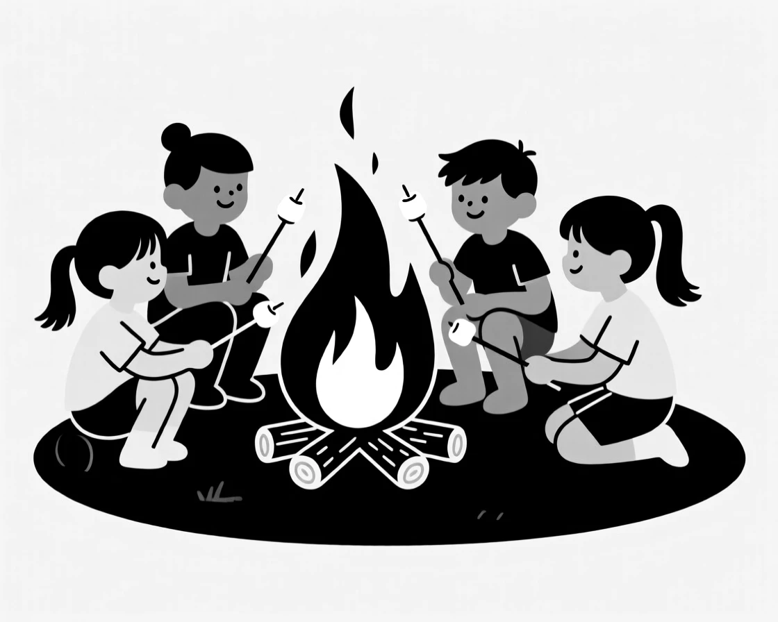 A group of children roasting marshmallows over a campfire.