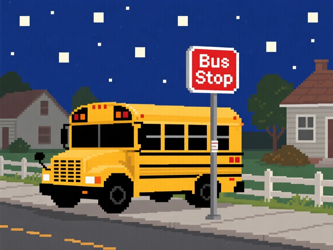 A school bus waiting at a countryside stop set against a sky full of stars, on a quiet suburban street in the 1980s.