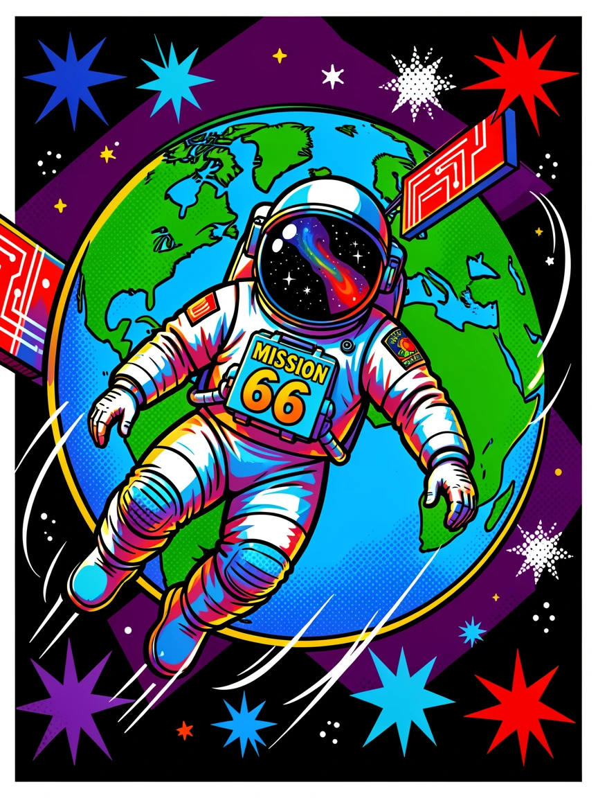 An astronaut floating outside a space station with Earth behind