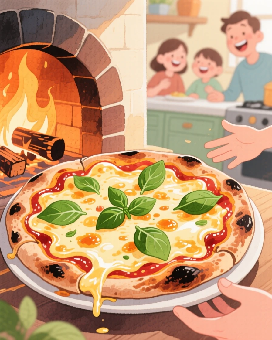 A pizza fresh from a wood-fired oven with bubbling cheese and basil leaves, capturing the joy of sharing a homemade meal.