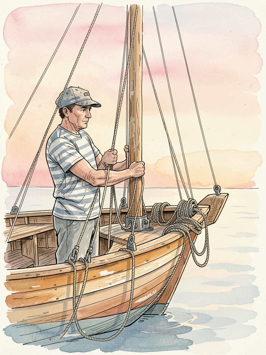 A sailor adjusting the rigging on a small wooden boat at dawn, a quiet sense of skill and patience throughout the scene.