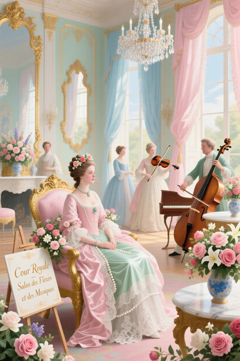 A queen holding court in a salon filled with flowers and music  
