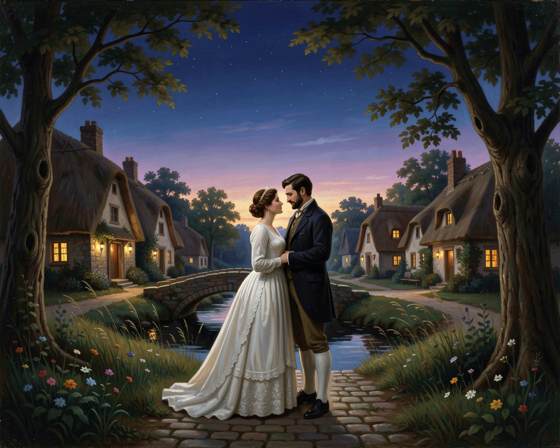 A pair of lovers gathers beneath a sky darkening into deep blue twilight over a quiet village.