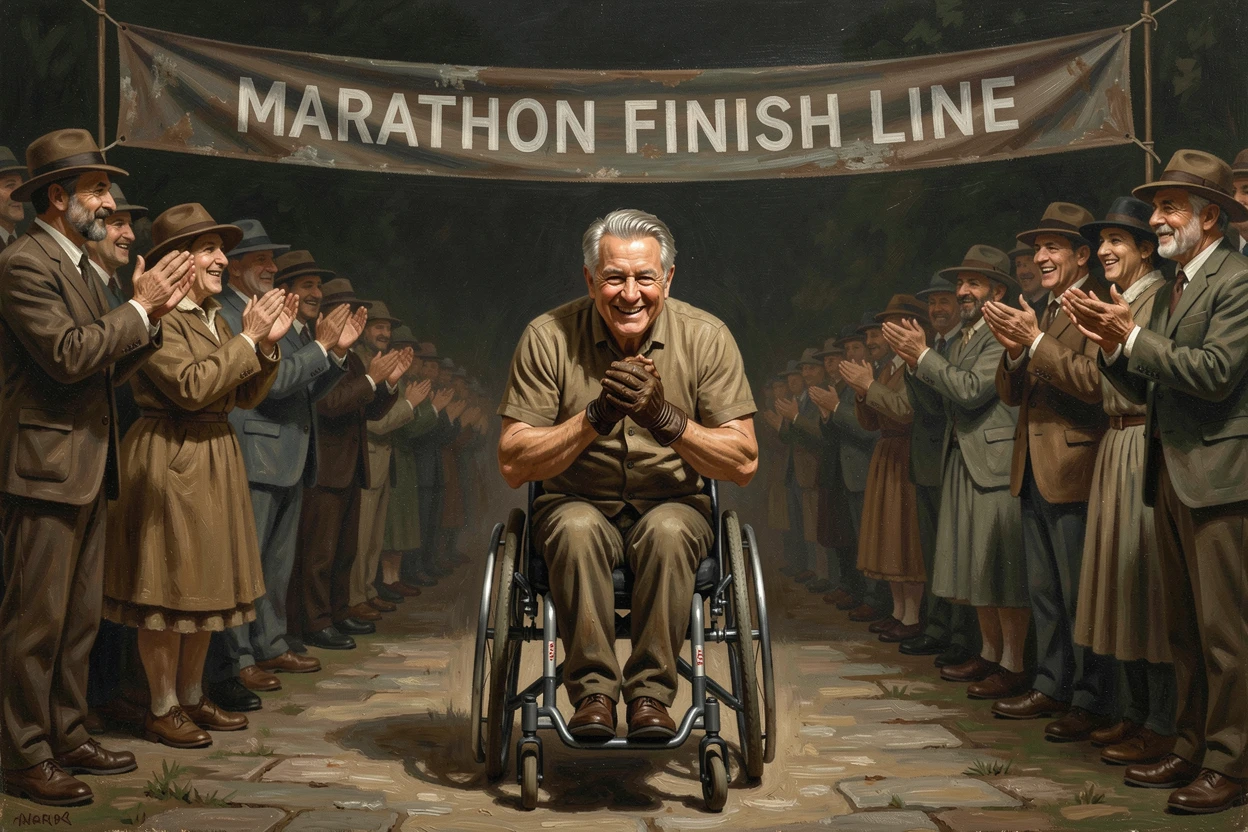A wheelchair athlete crossing a marathon finish line to a cheering crowd, with hands clasped tightly, conveying connection and support, radiating hope, gratitude, and heartfelt connection