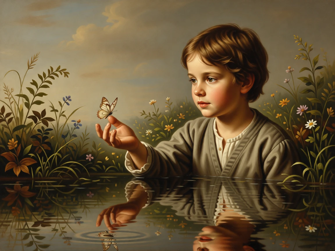 A butterfly resting delicately on a child's outstretched hand as instinct and elegance move in perfect harmony, set within an untouched wilderness far from human hands, with reflections in still water doubling the beauty of the moment; the composition balances raw power with graceful, natural stillness, filled with gentle warmth and admiration for living creatures.
