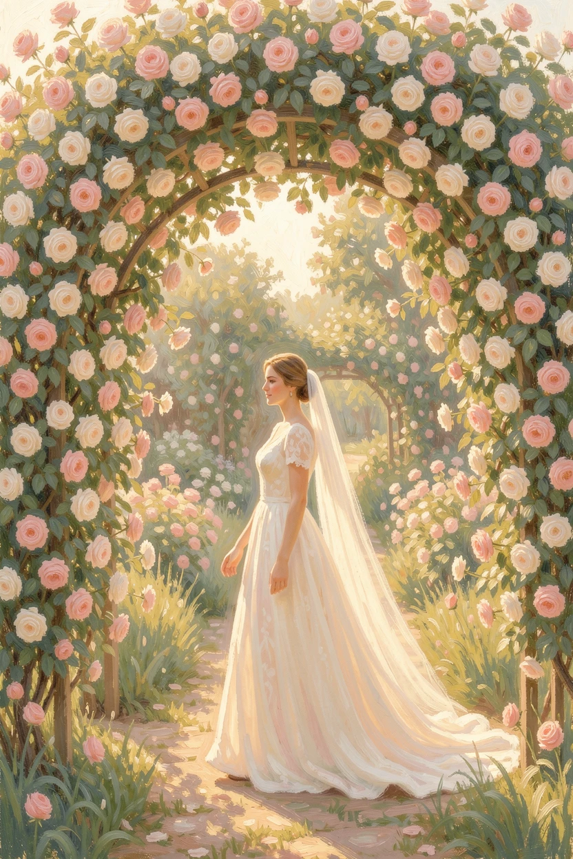 A bride walking through a garden archway covered in climbing roses, veil trailing softly behind her, filled with warmth and nostalgia.