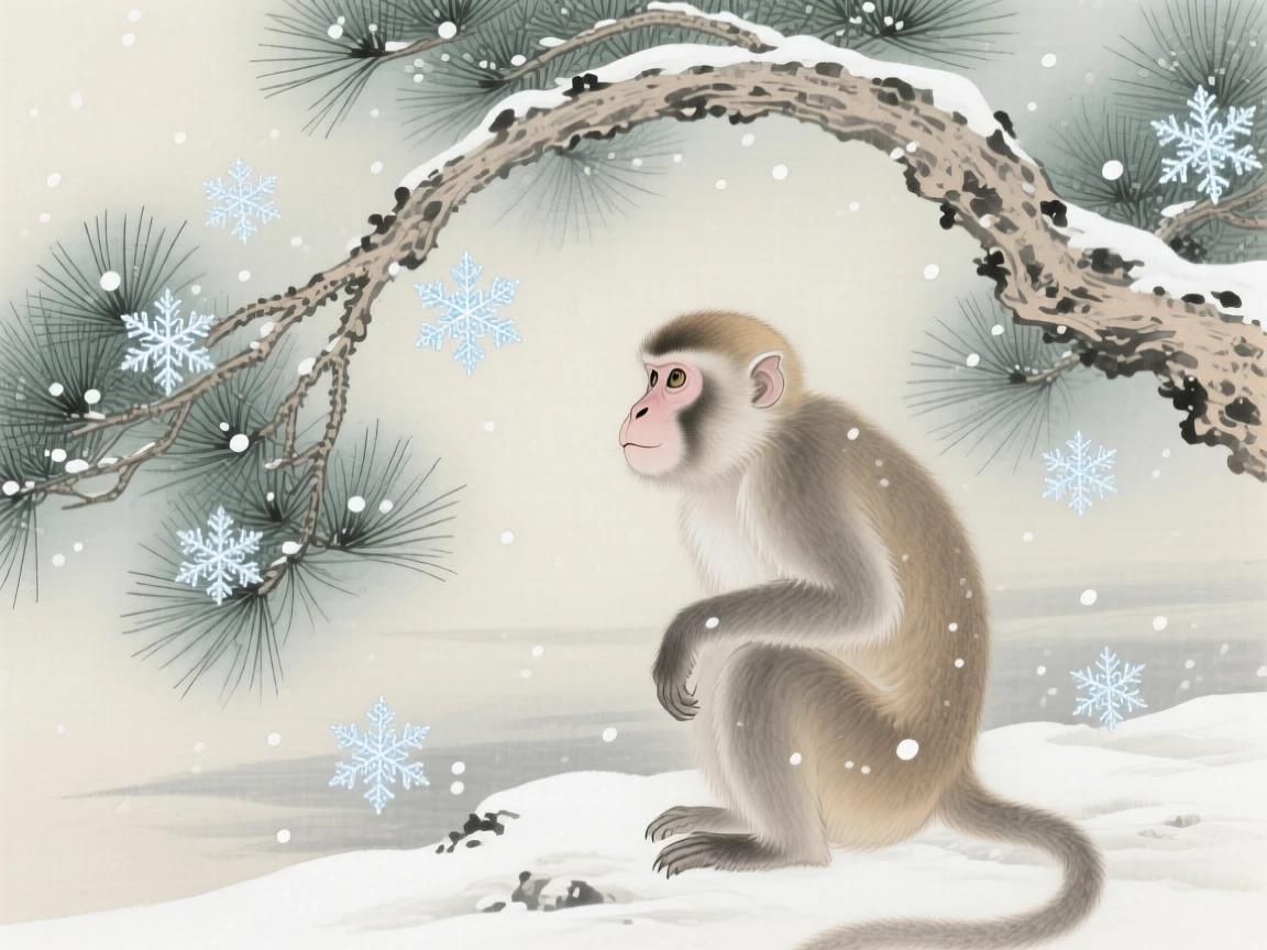 A monkey watching snowflakes fall from beneath a pine bough