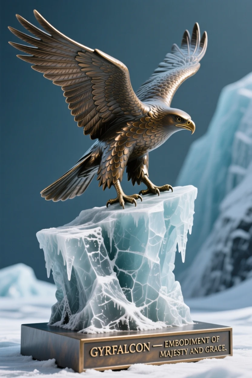 A majestic gyrfalcon perched on an icy cliff, captured mid-motion with powerful grace, evoking wonder and majesty