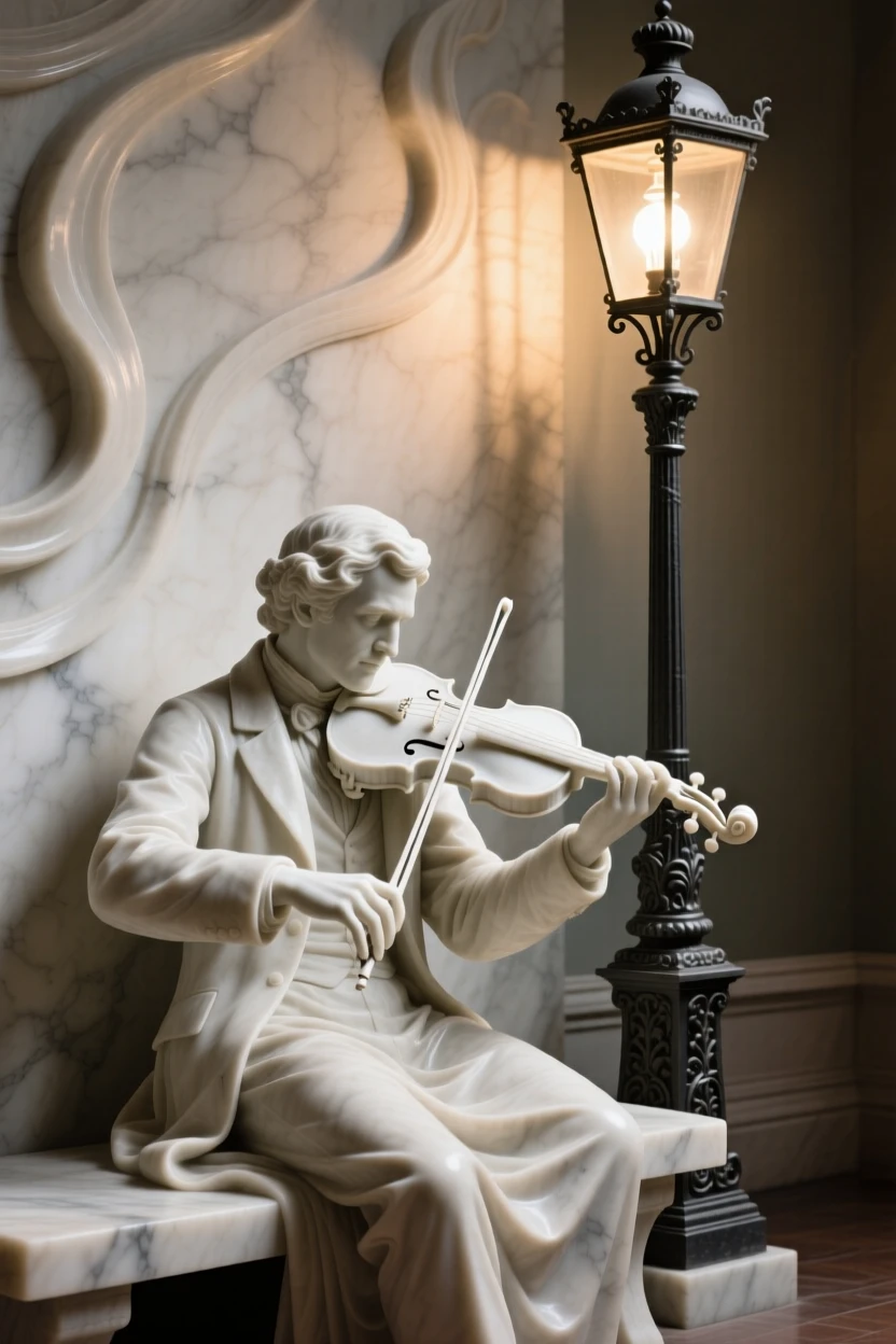 An evocative depiction of a violin player performing beneath a streetlamp, surrounded by soft, glowing light, balancing detail with emotional depth