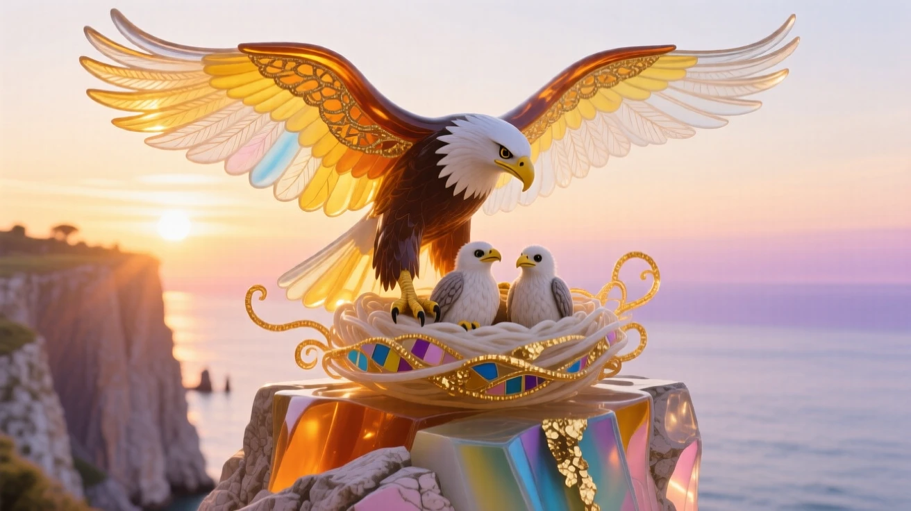 A mother eagle and eaglets nesting atop a sunlit cliffside at dawn, tender and majestic.