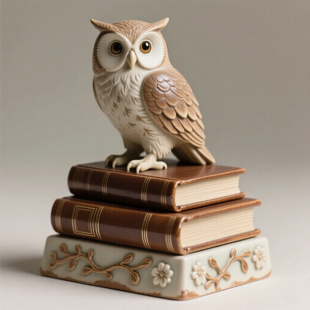 A decorative owl perched atop a stack of books displayed as a refined centerpiece, highlighted by delicate embellishments, stirring a sense of understated opulence.