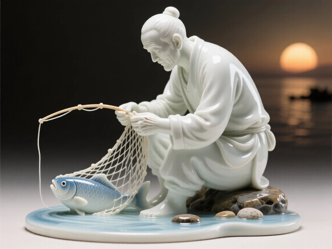 An everyday moment of quiet beauty: a fisherman mending nets at sunrise, evoking a comforting sense of home.