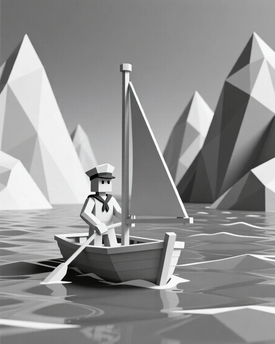 A sailor navigating a boat through open water, surrounded by towering mountains. fine details highlight skill and craftsmanship. The atmosphere feels peaceful and mindful.