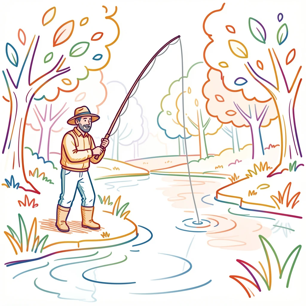 A fisherman casting a line into a calm river surrounded by autumn trees.