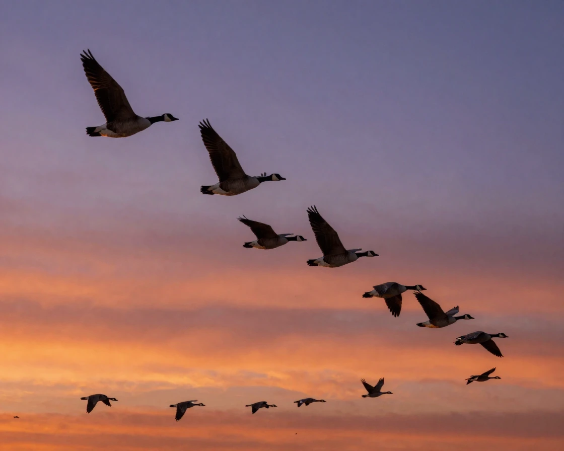 A flock of geese flying in formation against a sunset sky
