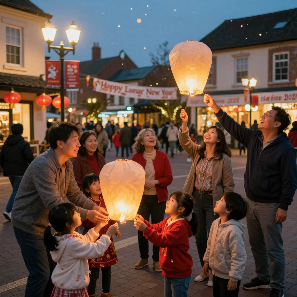 Families release sky lanterns together during a lunar new year celebration in a town square.