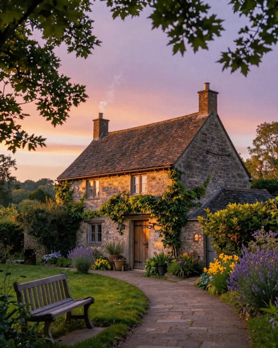 A cozy stone cottage with smoke curling from its chimney on a warm summer evening