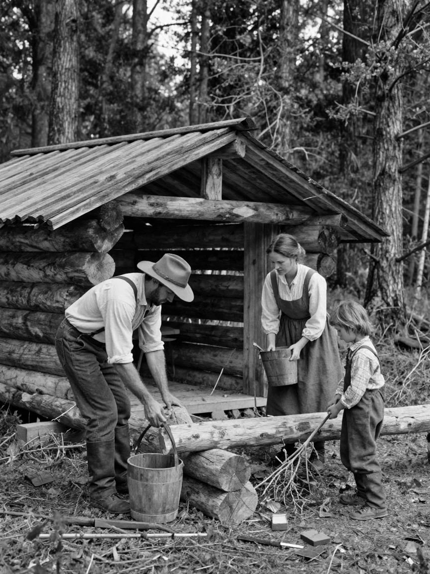 A pioneer settler family builds a small cabin on the frontier beside a quiet forest clearing.