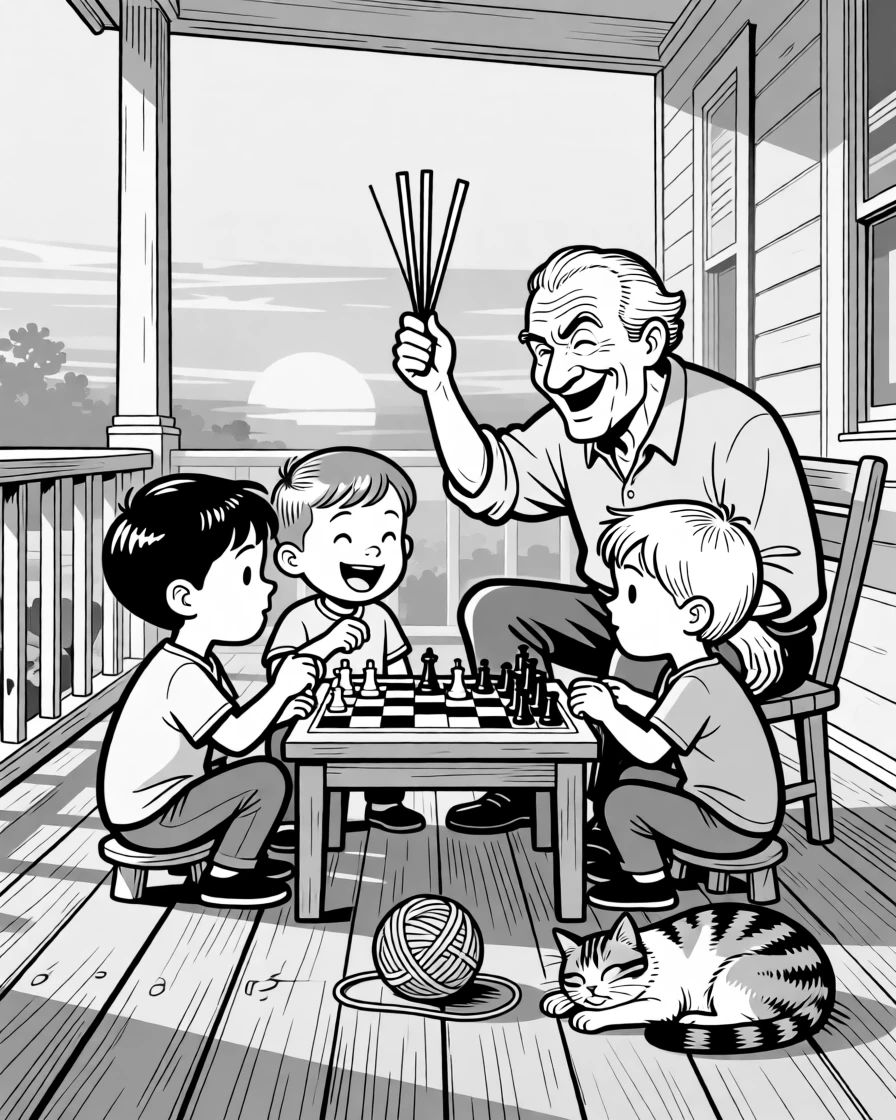 A grandfather beating his grandkids at checkers with a sly grin, waving imaginary batons with genuine passion, set on a creaky porch at golden hour. A ball of yarn rolls gently as the cat shifts. There's a gentle, timeless warmth to the whole moment.