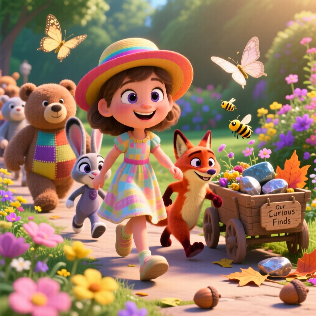 A girl leading her stuffed animals on a parade takes place in a garden full of buzzing bees and butterflies, with a wagon full of collected treasures nearby. A lighthearted sense of discovery colors the moment.