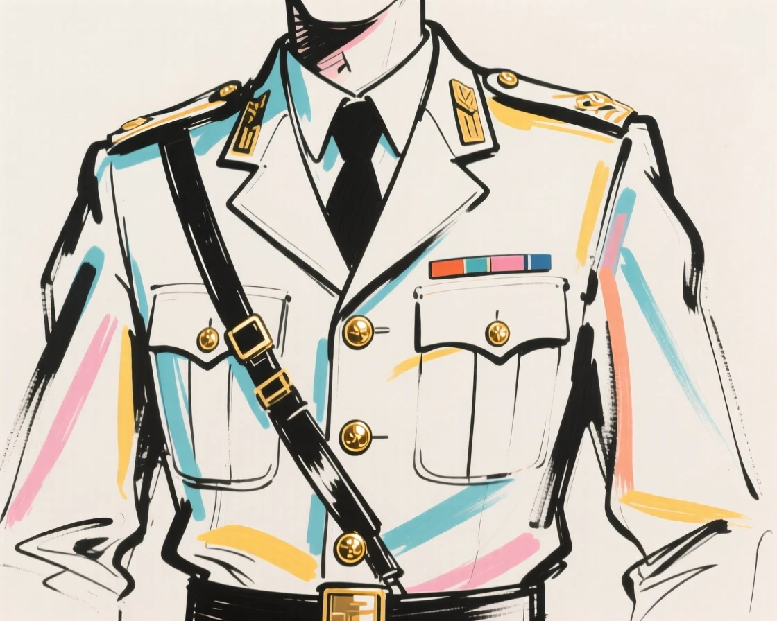 A tailored military uniform displayed with polished brass buttons.