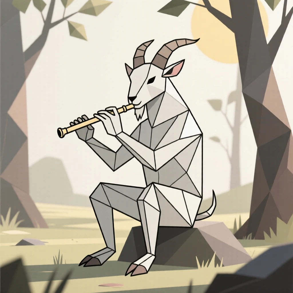 A satyr playing a pan flute in a sunlit glade