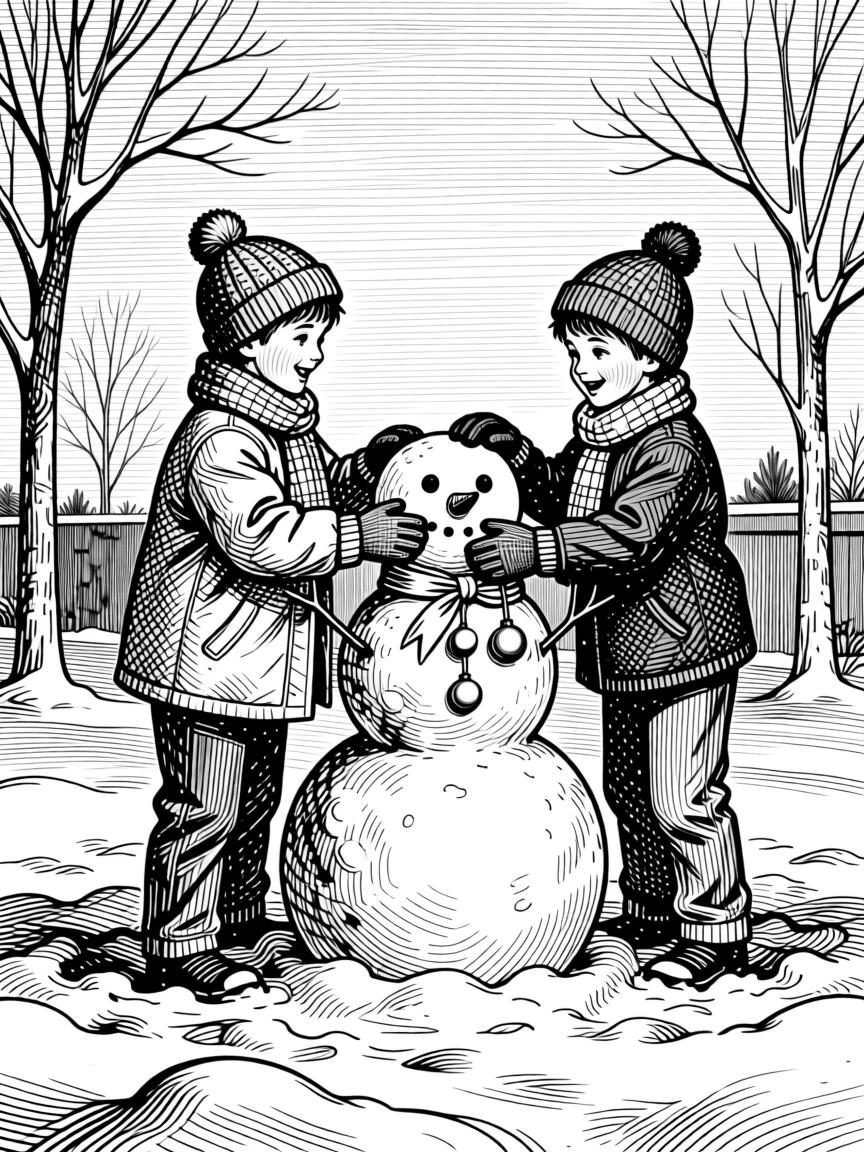 Children building a snowman in a quiet yard under a sky painted with the colors of a harvest sunset, with ribbons and ornaments catching the light, capturing a warmly festive seasonal moment.