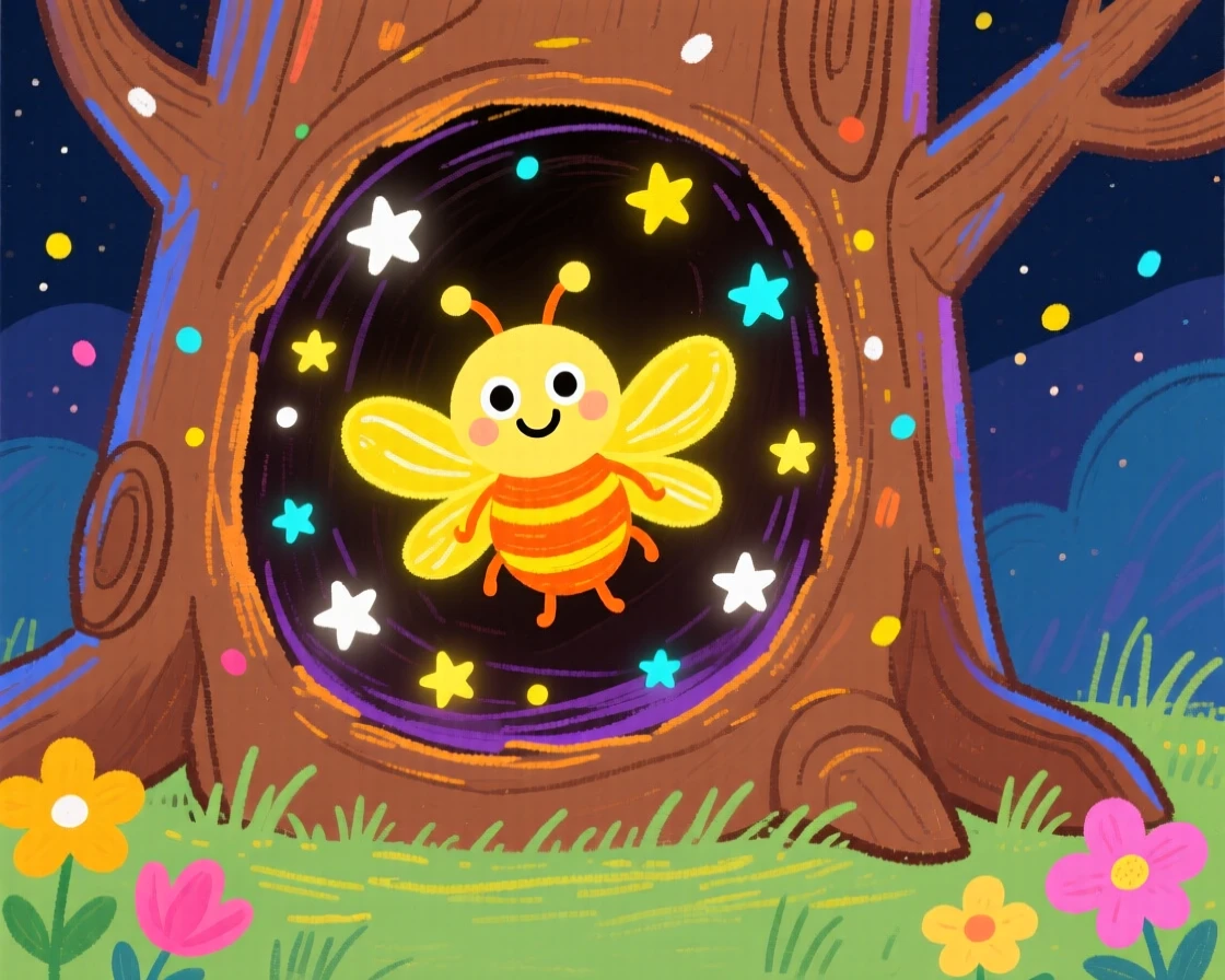 A glowing firefly sprite inside a hollow tree filled with twinkling lights.