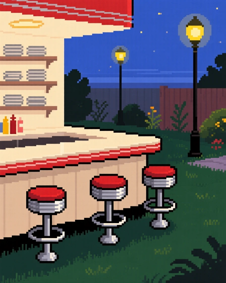 A diner counter with spinning stools gathered close as the streetlights flicker on, in a backyard set up for a summer evening.
