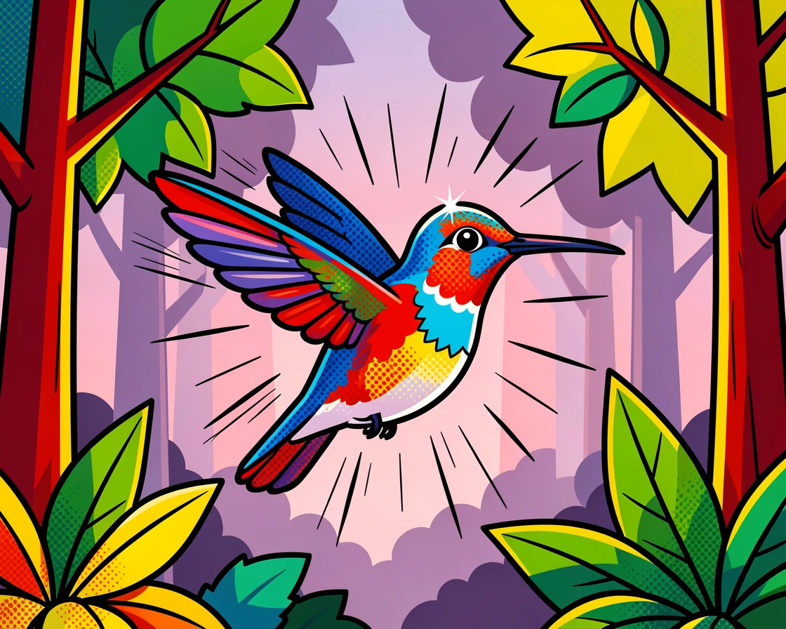 A tiny hummingbird exploring a quiet forest at dawn