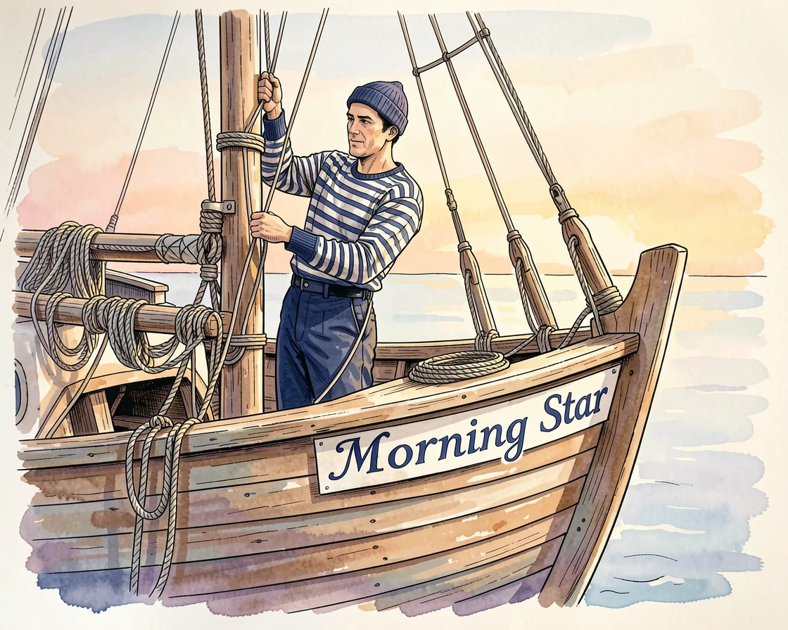 A sailor adjusting the rigging on a small wooden boat at dawn, warm natural light illuminating the workspace.