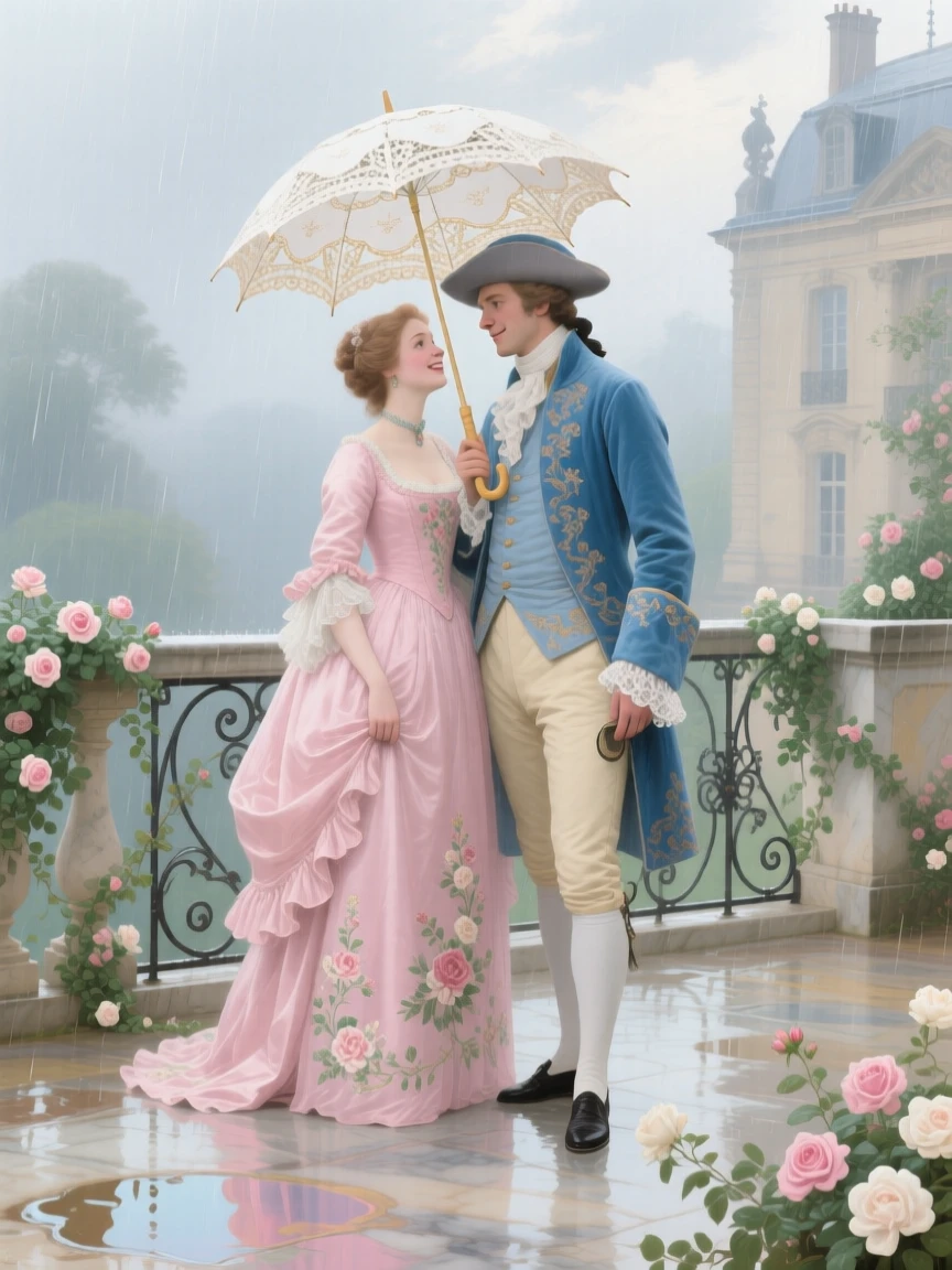 A couple sharing an umbrella on a rain-washed palace terrace  