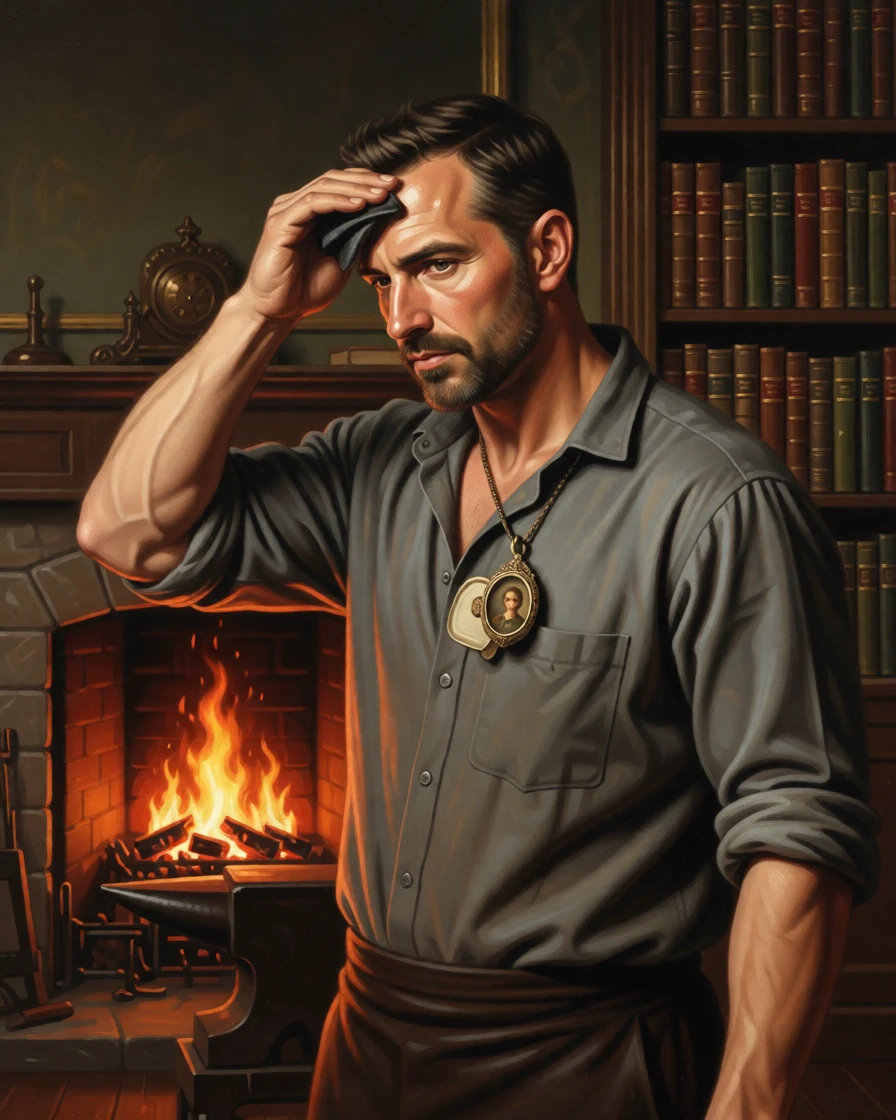 A blacksmith wiping soot from his brow beside a glowing forge pausing as if interrupted by an unseen presence, set within a book-lined study warmed by a crackling fire, with a cherished heirloom locket resting against her collarbone; a tight three-quarter portrait draws focus entirely to the expression, capturing grace under the weight of everyday devotion.