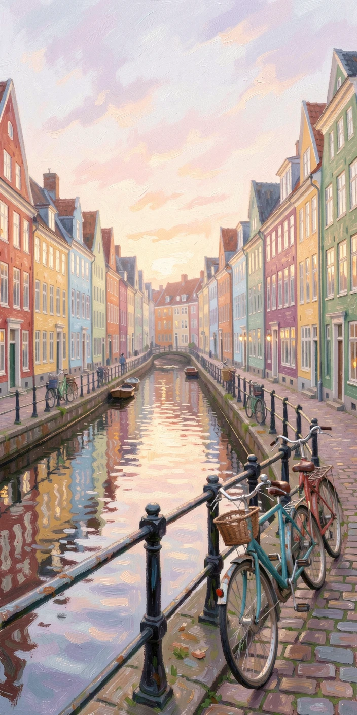 A quiet canal in Copenhagen lined with colorful townhouses and bicycles leaning against railings, as the first light of dawn breaks, filled with warmth and nostalgia.
