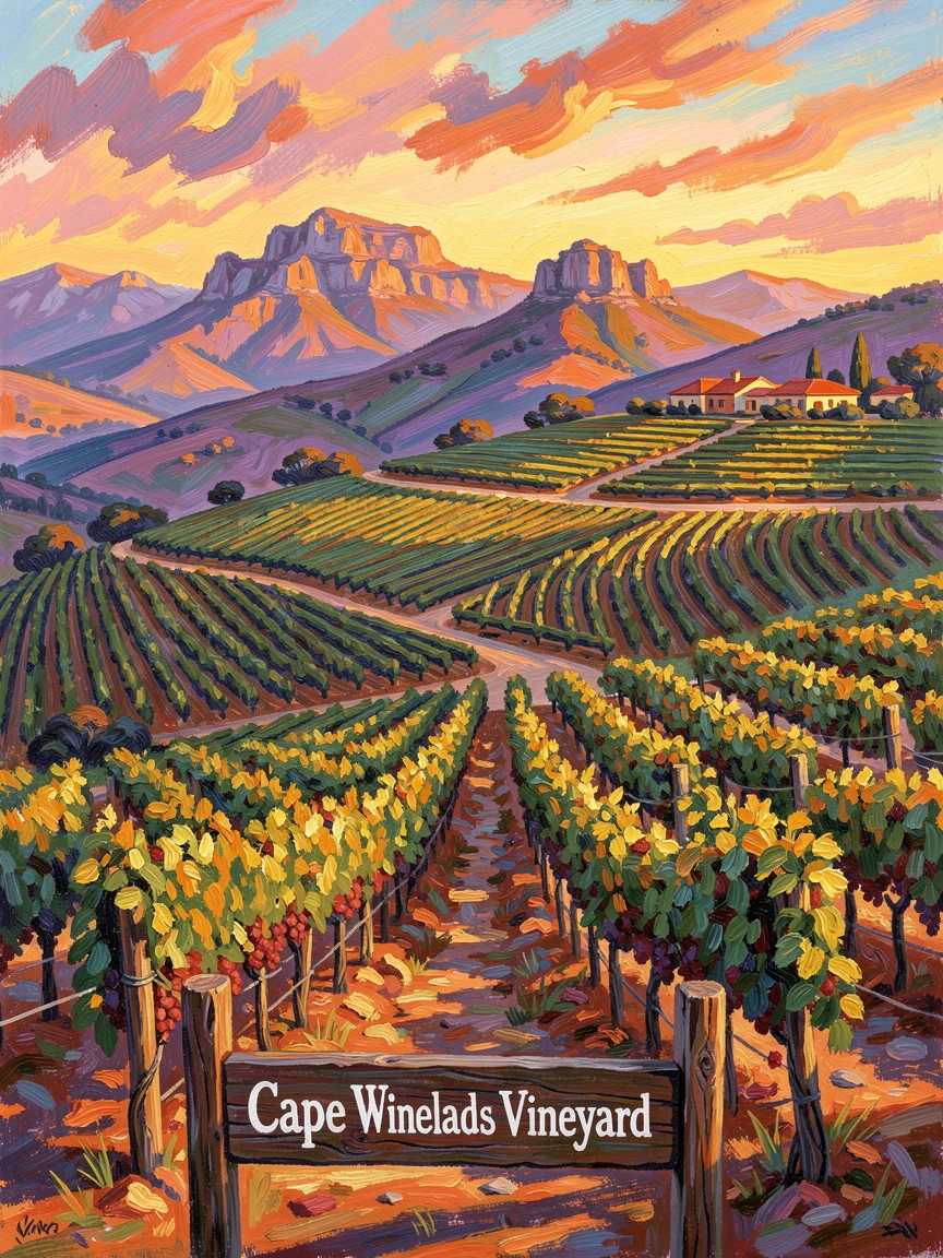 A grand hillside vineyard in South Africa's Cape Winelands at golden hour.