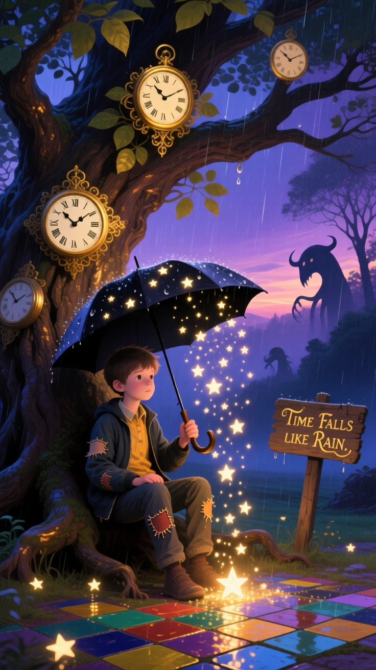 A boy holding an umbrella that rains stars instead of water sits beneath a tree whose leaves are made of clock faces, as light spills from the seams of their clothing.