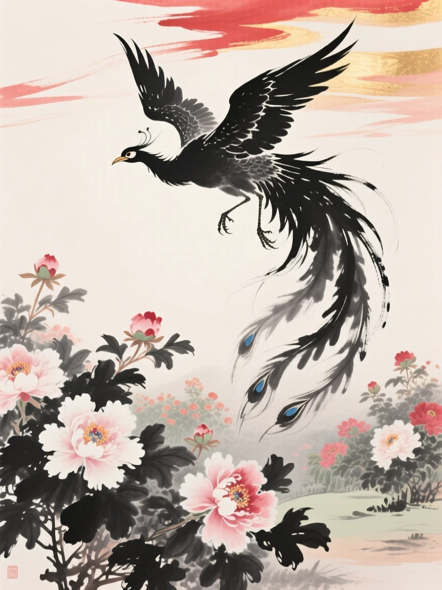 A phoenix soars above a garden filled with peonies in full bloom, beneath a sky streaked with brilliant color.