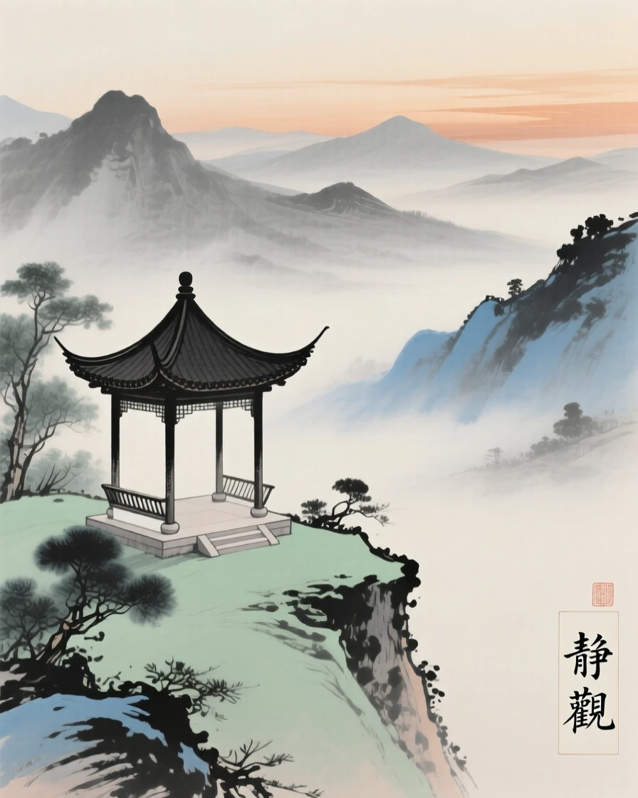 An empty pavilion overlooking mountains fading into evening haze, through a light drifting mist.